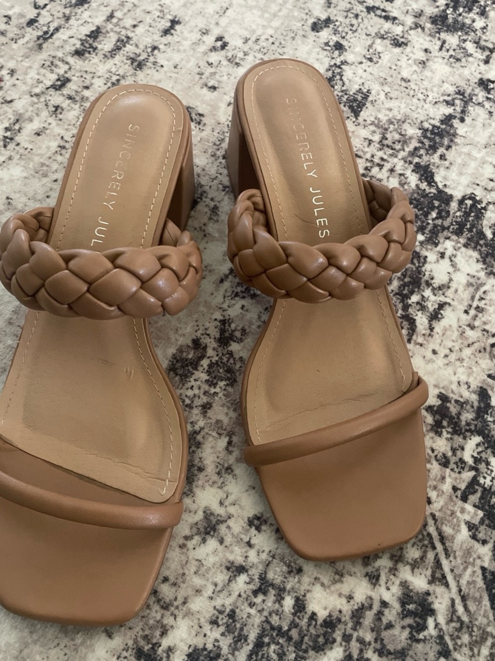 Braided Strap Tan Block-Heel Mules